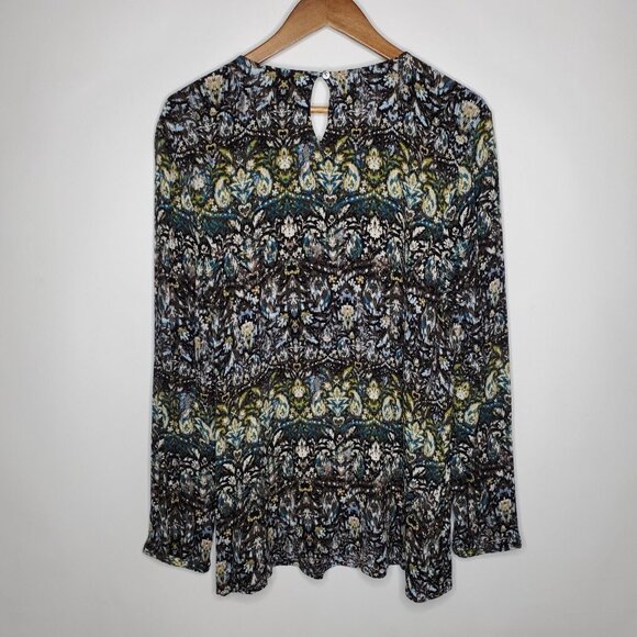 J Jill Womens Smocked Geometric Blouse Size XL Long Sleeve Keyhole Art To Wear - Picture 2 of 9